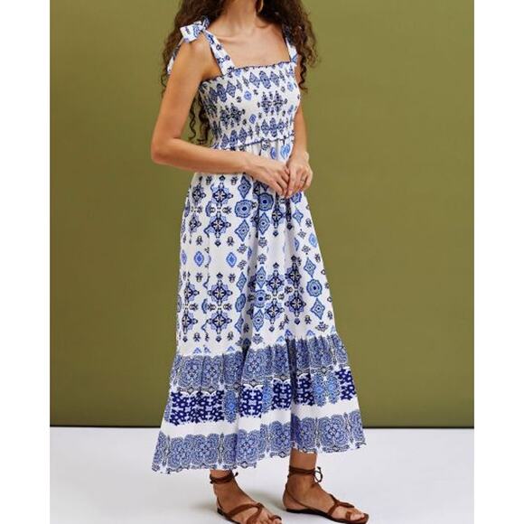 Zara Smocked Tie Strap Boho Linen Maxi Tiered‎ Dress Grecian Print Size Large - Picture 2 of 10